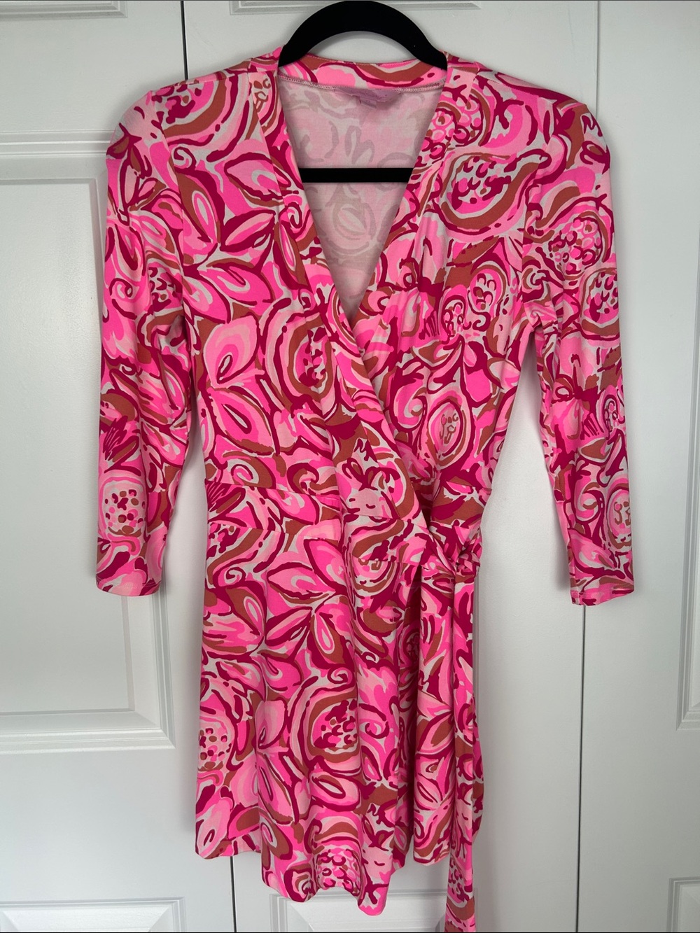 Lilly Pulitzer Hot Pink & Light Pink Wrap Shorts Romper with Brown Accents